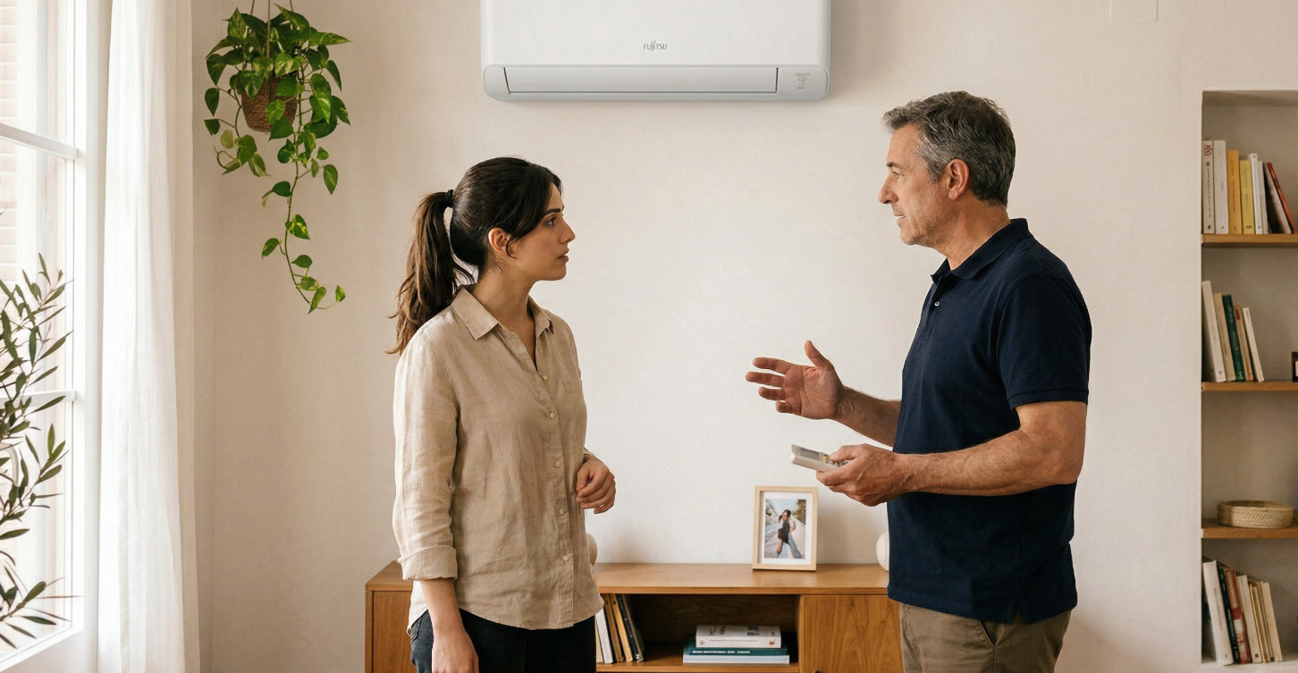 Propriétaire et locataire discutant de l’entretien d’une climatisation dans un appartement